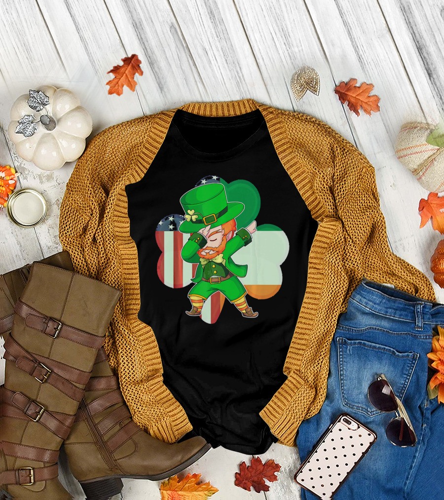 Funny Dabbing Leprechaun Shamrock American Irish Flag T-Shirt