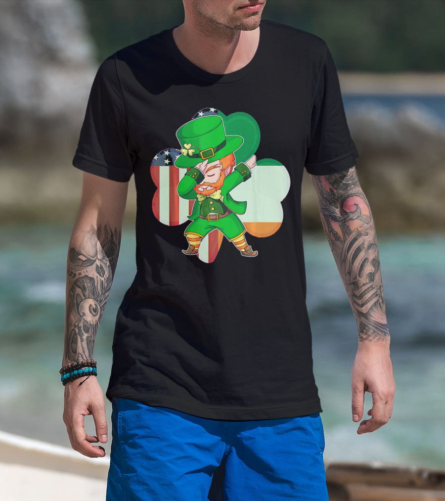 Funny Dabbing Leprechaun Shamrock American Irish Flag T-Shirt