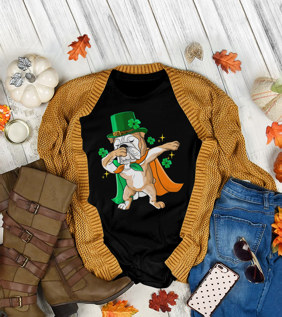 Irish Bulldog Dabbing Leprechaun with Shamrocks T-Shirt