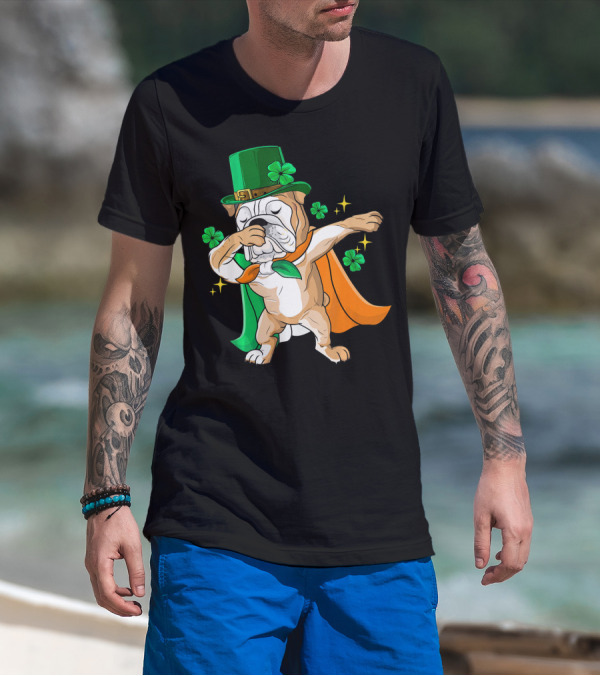 Irish Bulldog Dabbing Leprechaun With Shamrocks T-Shirt