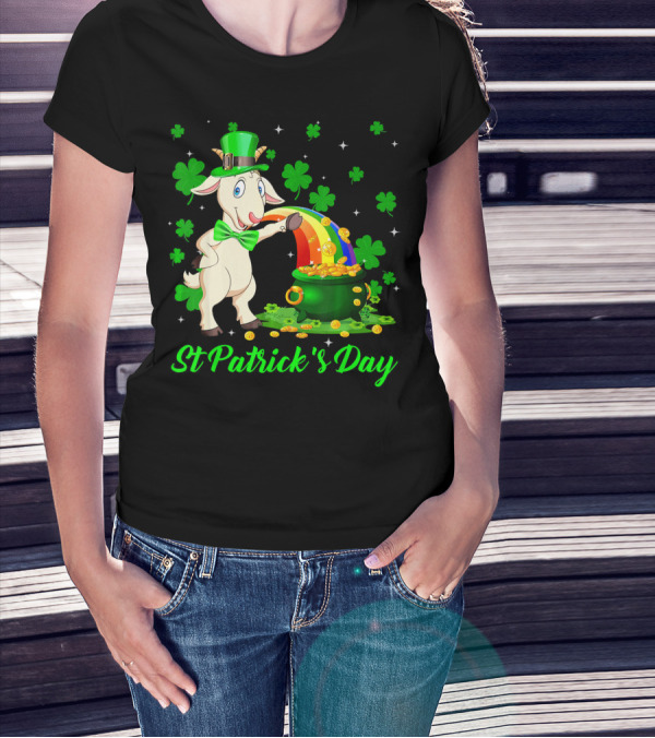 St Patrick's Day Leprechaun Goat Shamrock Rainbow Pot Of Gold T-Shirt