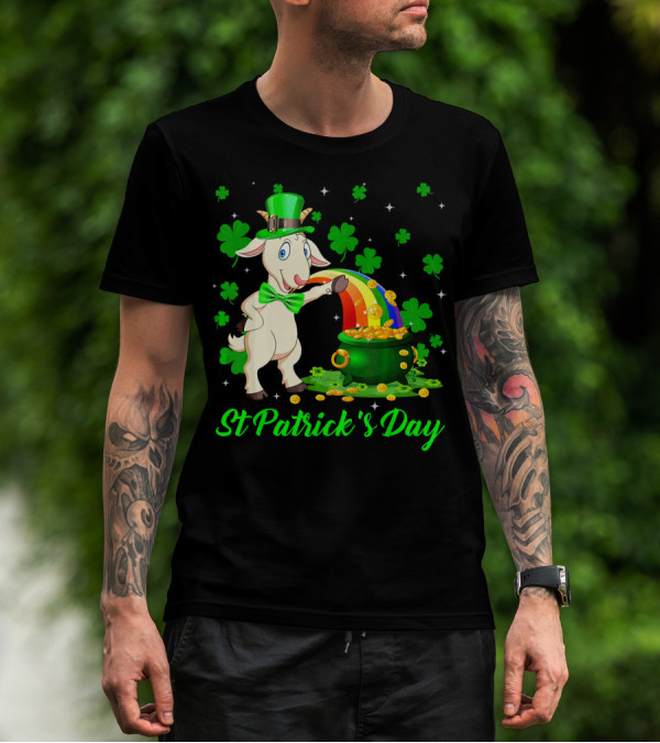 St Patrick's Day Leprechaun Goat Shamrock Rainbow Pot Of Gold T-Shirt