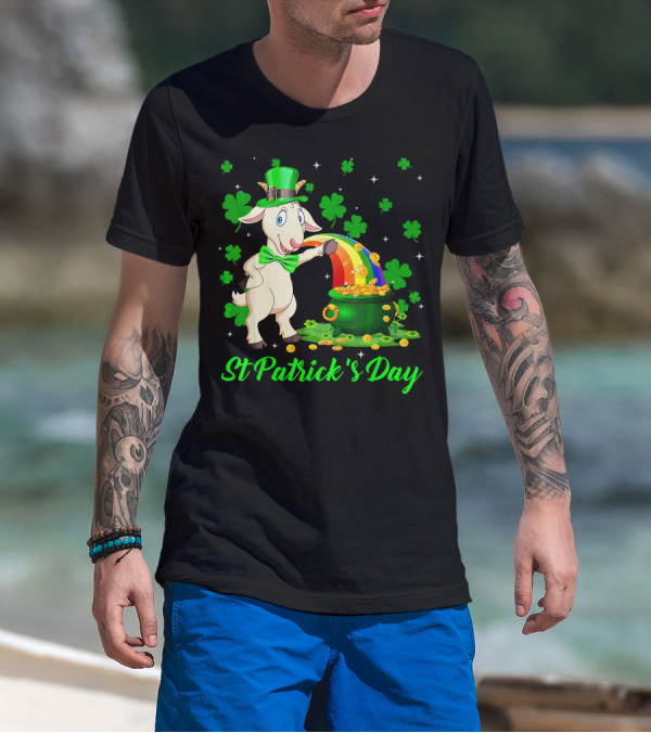 St Patrick's Day Leprechaun Goat Shamrock Rainbow Pot Of Gold T-Shirt