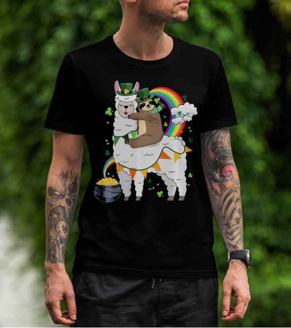 St. Patrick's Day Sloth Leprechaun With Rainbow And Gold On Llama T-Shirt