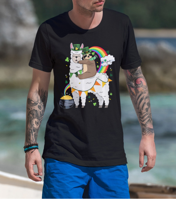 St. Patrick's Day Sloth Leprechaun With Rainbow And Gold On Llama T-Shirt