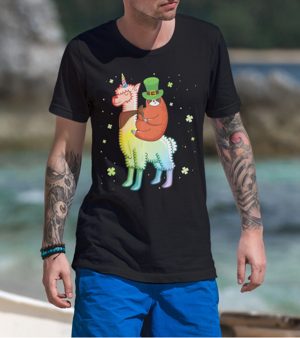 Cute Sloth Leprechaun Riding Rainbow Unicorn Llama With Shamrocks T-Shirt