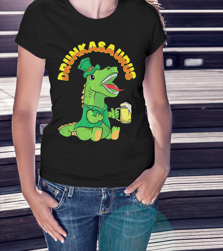 Drunkasaurus Leprechaun Dinosaur With Beer Drink T-Shirt