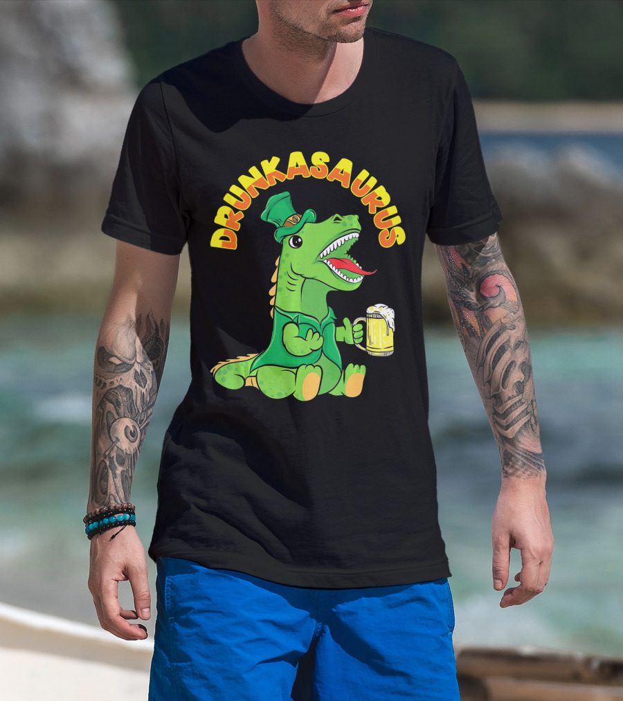 Drunkasaurus Leprechaun Dinosaur With Beer Drink T-Shirt