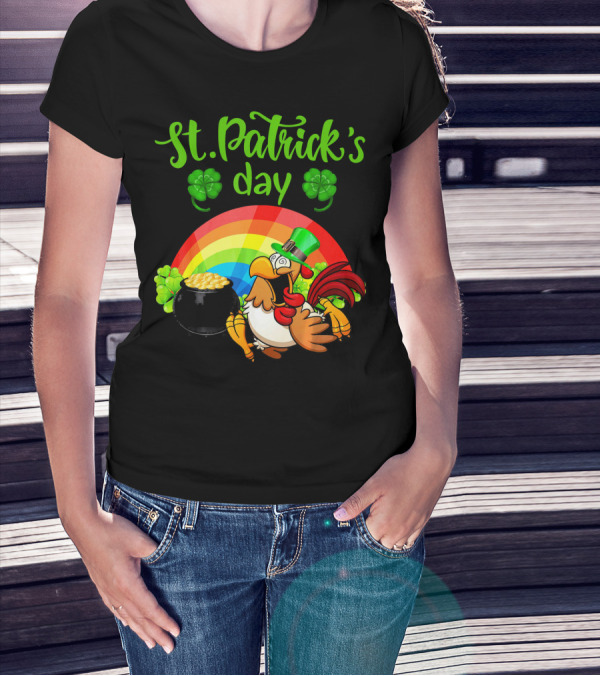 St. Patrick's Day Leprechaun Chicken With Rainbow And Pot Of Gold T-Shirt