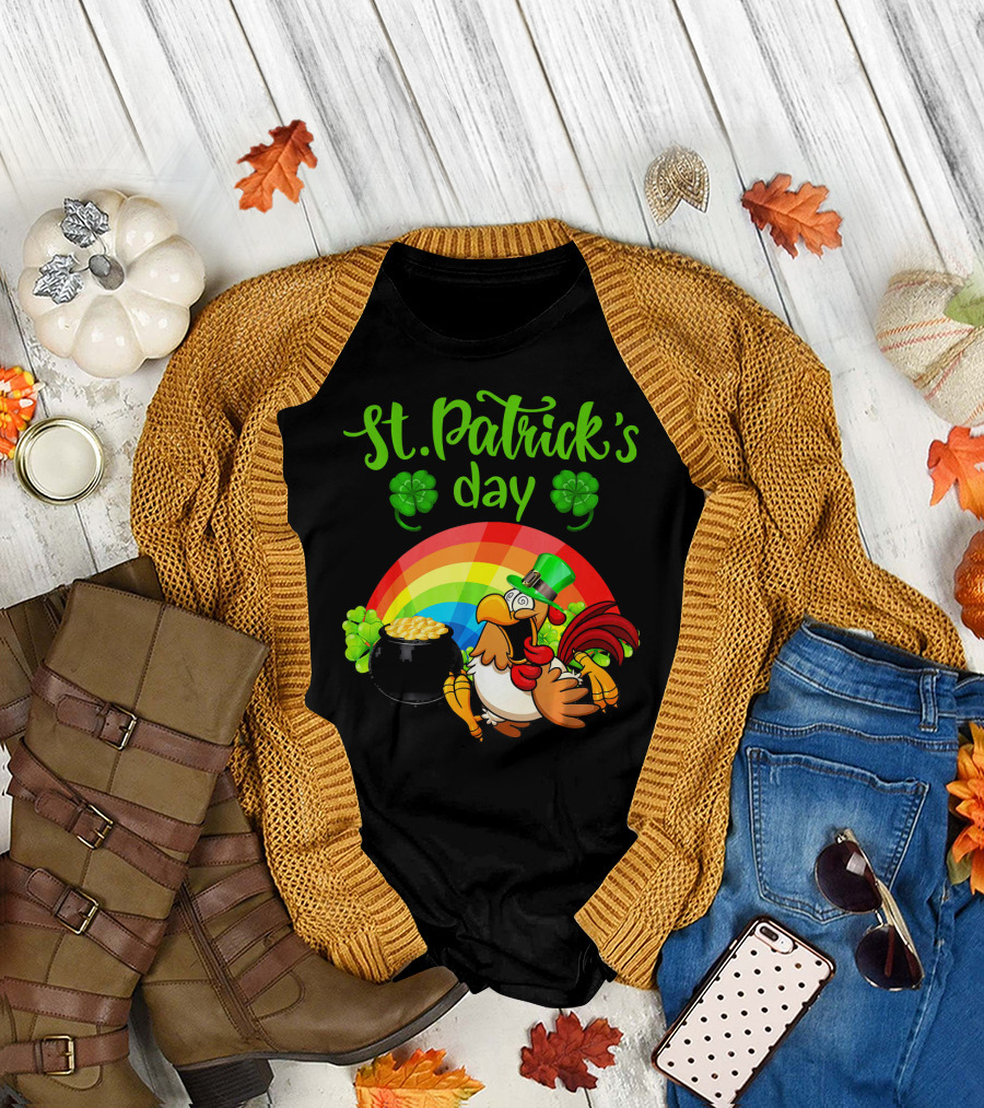 St. Patrick's Day Leprechaun Chicken with Rainbow and Pot of Gold T-Shirt
