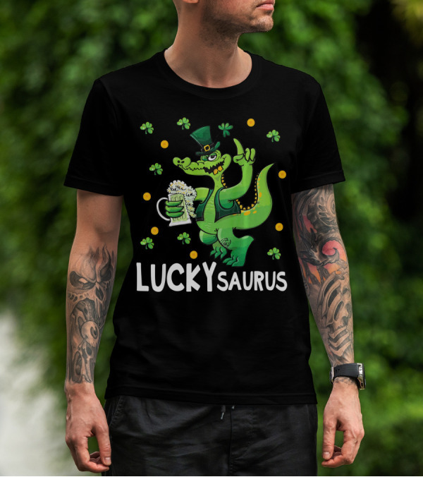 Luckysaurus Dinosaur Leprechaun Drinking Green Beer With Shamrocks And Coins T-Shirt