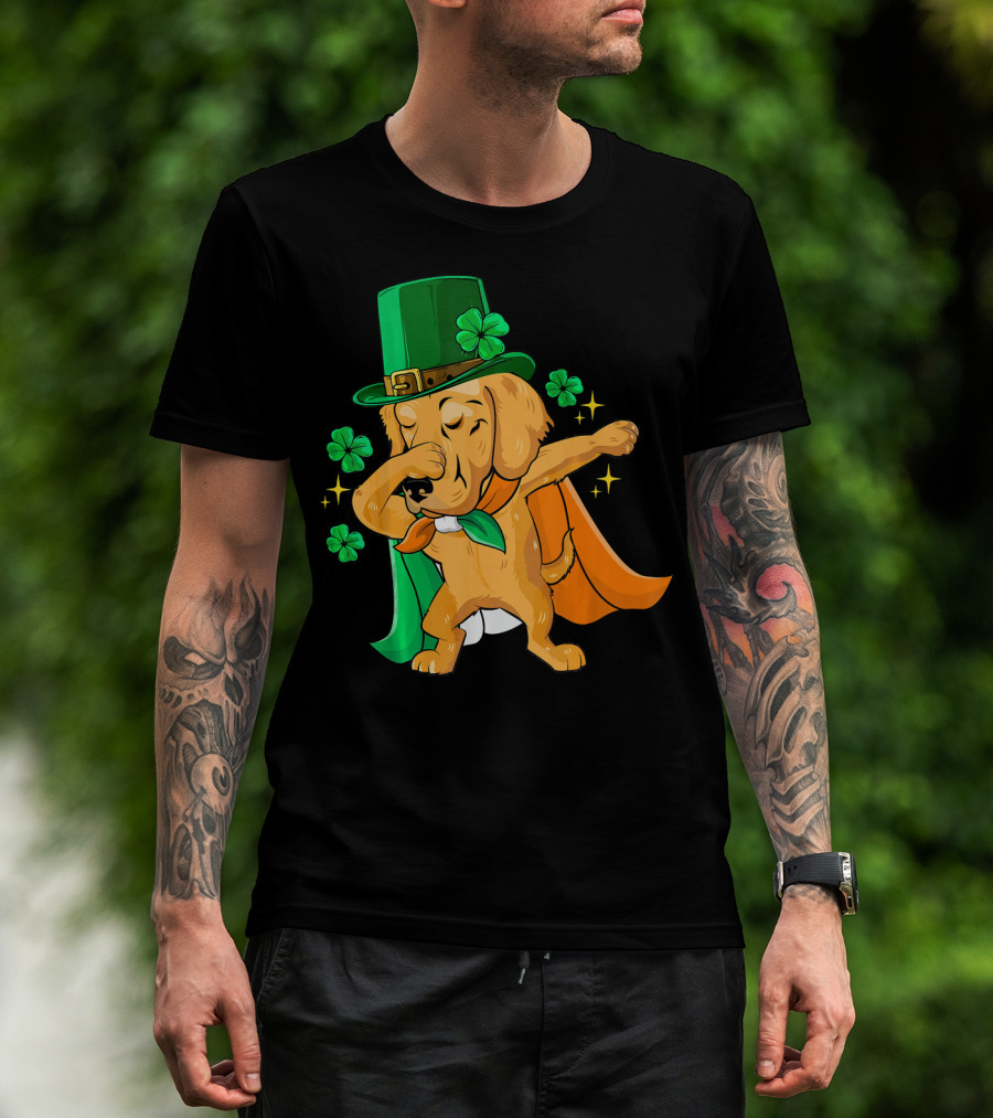 Golden Retriever Dabbing In Leprechaun Hat With Shamrock Cape T-Shirt