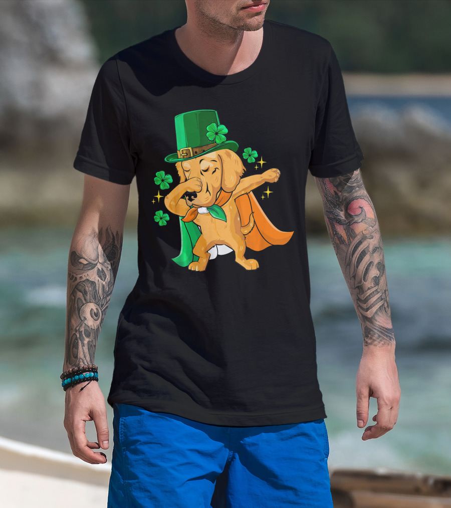 Golden Retriever Dabbing In Leprechaun Hat With Shamrock Cape T-Shirt