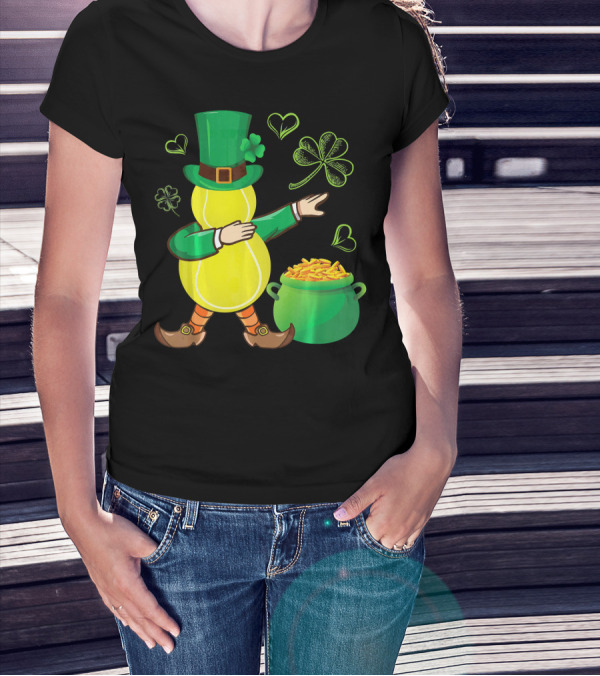 Tennis Leprechaun Dabbing With Gold Pot And Shamrocks T-Shirt