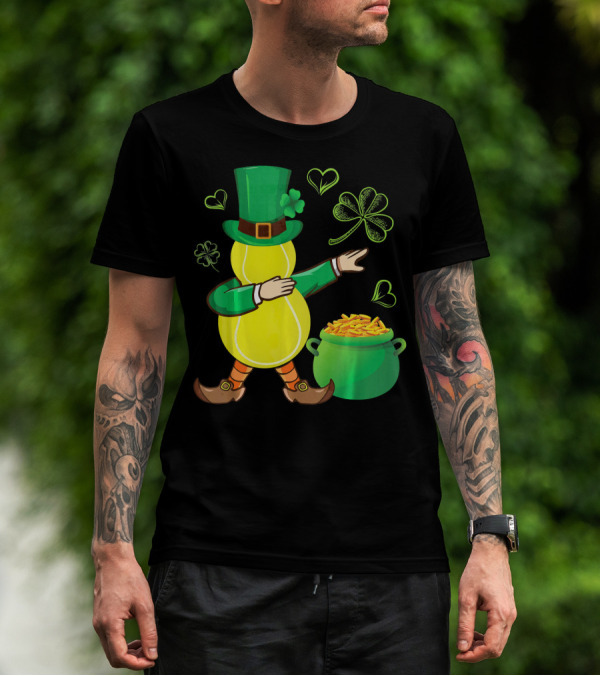 Tennis Leprechaun Dabbing With Gold Pot And Shamrocks T-Shirt