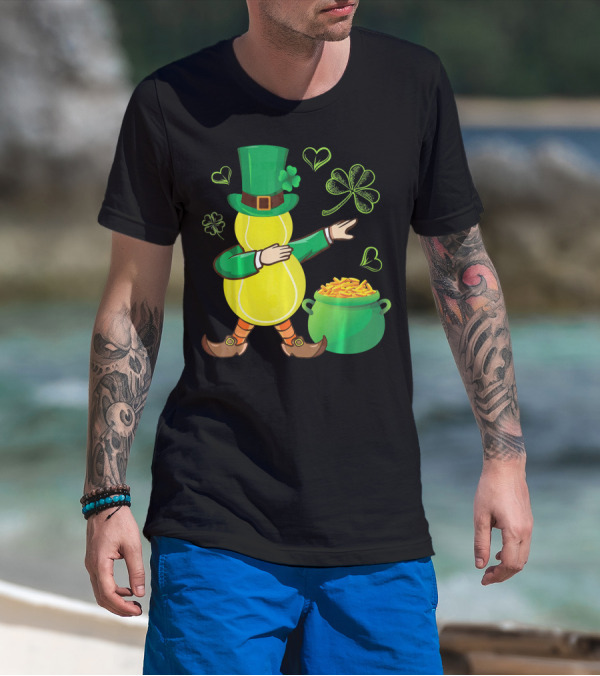 Tennis Leprechaun Dabbing With Gold Pot And Shamrocks T-Shirt