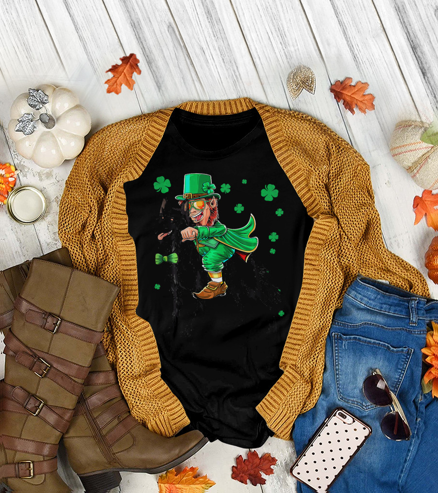 Leprechaun Riding Belgian Sheepdog with Shamrocks T-Shirt