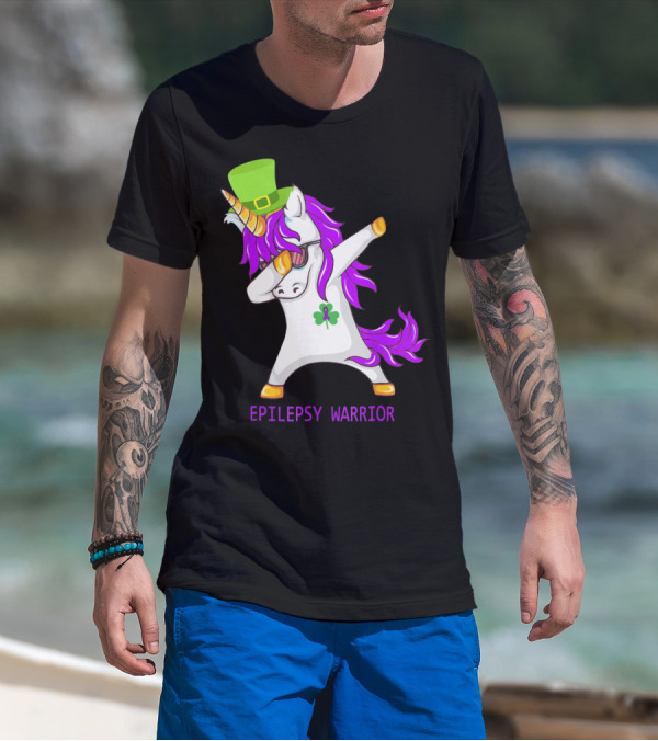 Unicorn Epilepsy Warrior Dabbing With Green Hat And Shamrock T-Shirt