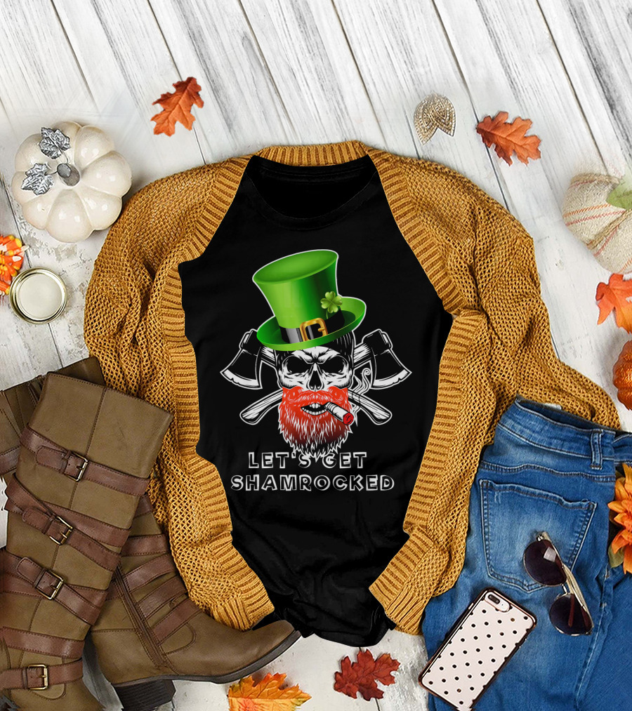 Let's Get Shamrocked St Patrick's Day Skull with Green Hat and Axes T-Shirt