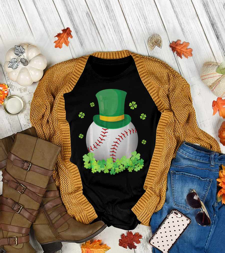 Baseball Leprechaun Hat with Shamrocks and Four-Leaf Clovers T-Shirt