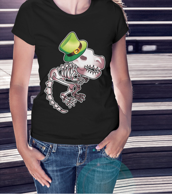 T Rex Dinosaur Skeleton With Green Leprechaun Hat T-Shirt