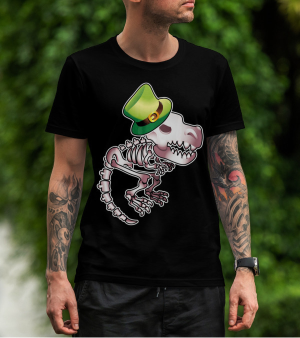 T Rex Dinosaur Skeleton With Green Leprechaun Hat T-Shirt