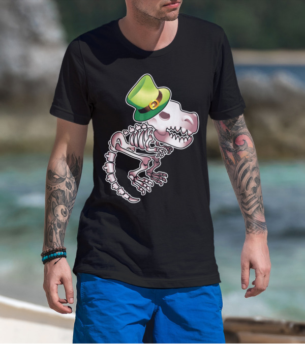 T Rex Dinosaur Skeleton With Green Leprechaun Hat T-Shirt