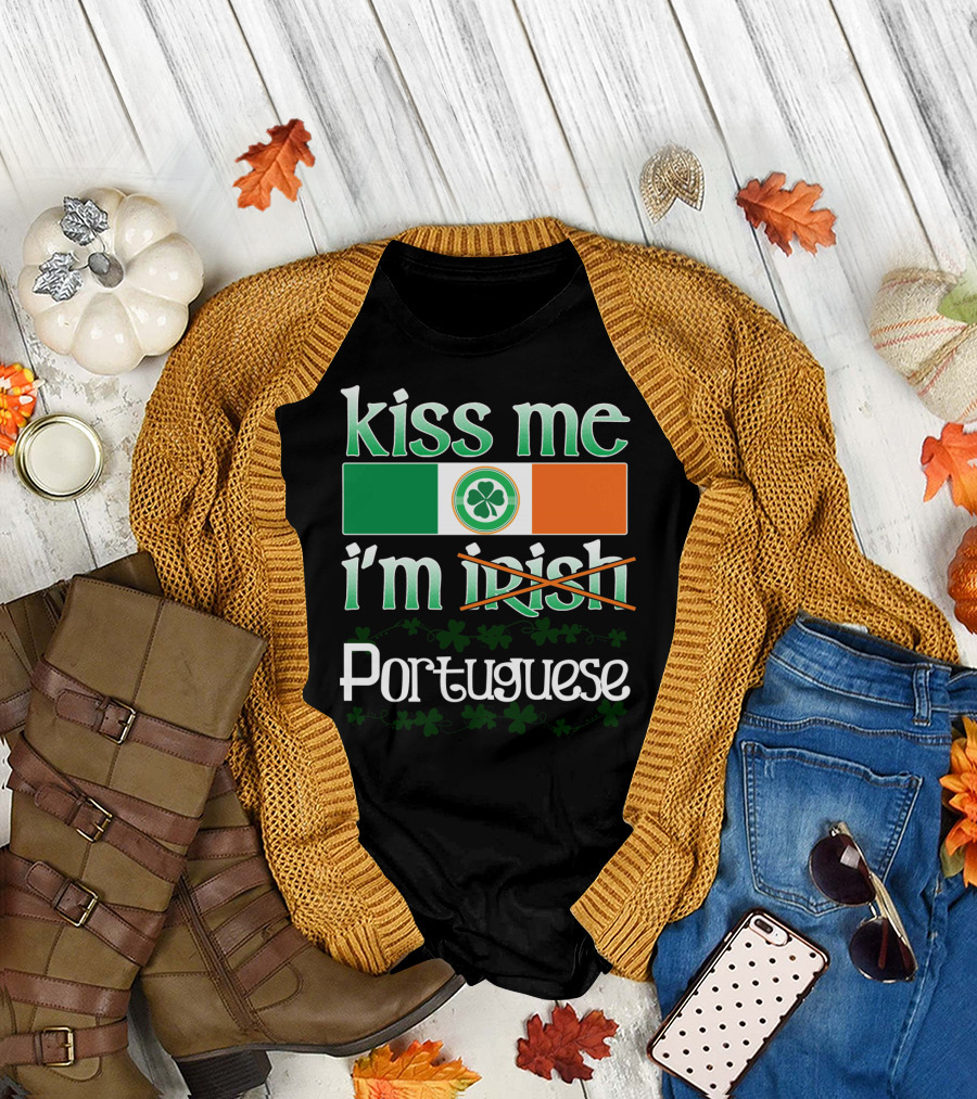 Kiss Me I'm Portuguese St Patricks Day Shamrock Flag T-Shirt