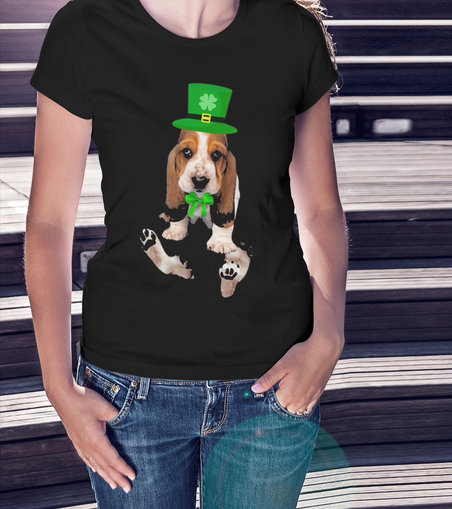 Basset Hound Puppy St. Patrick's Day Leprechaun Hat With Shamrock T-Shirt