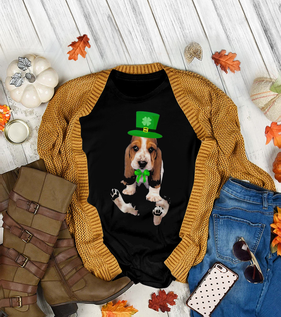 Basset Hound Puppy St. Patrick's Day Leprechaun Hat with Shamrock T-Shirt