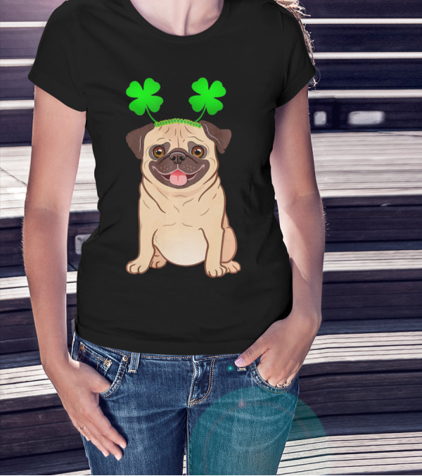Cute Pug Adorned In Shamrock Headband With Happy Expression T-Shirt