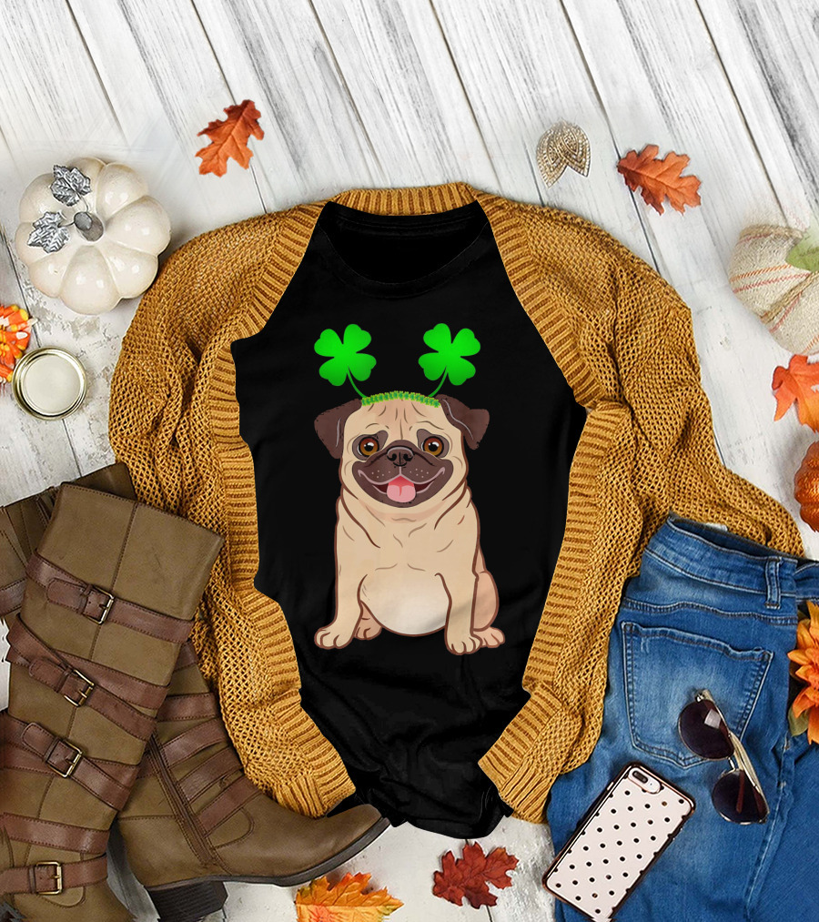 Cute Pug Adorned in Shamrock Headband with Happy Expression T-Shirt