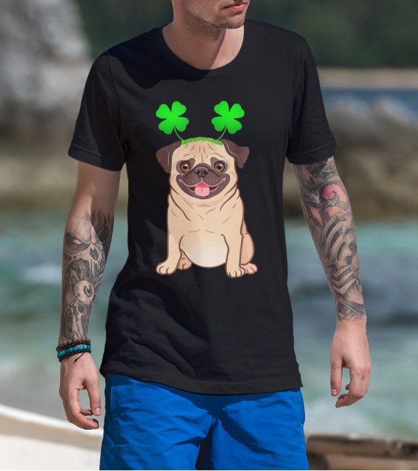 Cute Pug Adorned In Shamrock Headband With Happy Expression T-Shirt