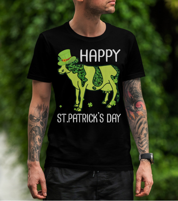 Happy St. Patrick's Day Shamrocks Cow Leprechaun T-Shirt