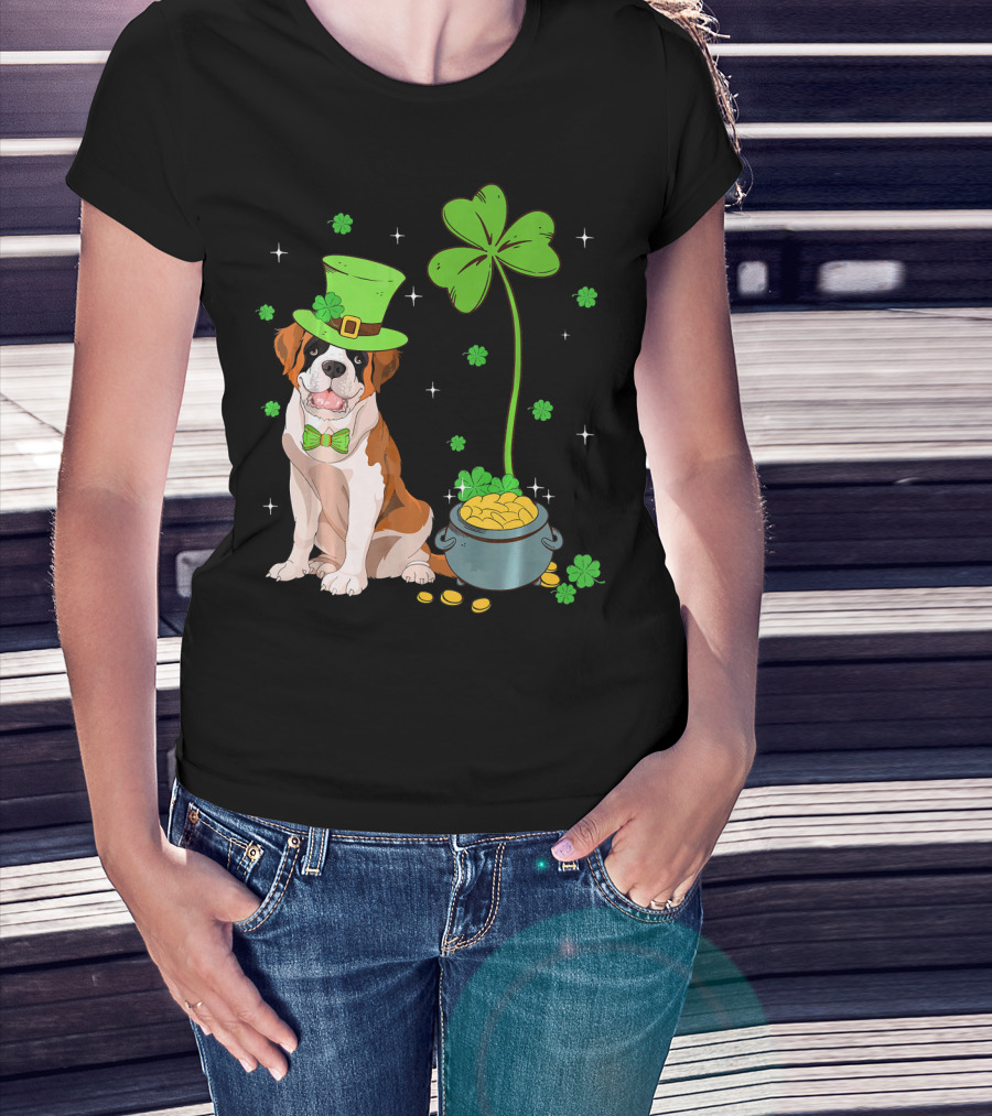 Shamrock Leprechaun Saint Bernard St Patrick's Day Dog Pot Of Gold T-Shirt