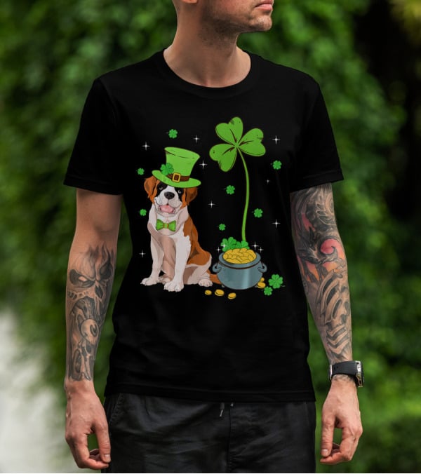 Shamrock Leprechaun Saint Bernard St Patrick's Day Dog Pot Of Gold T-Shirt