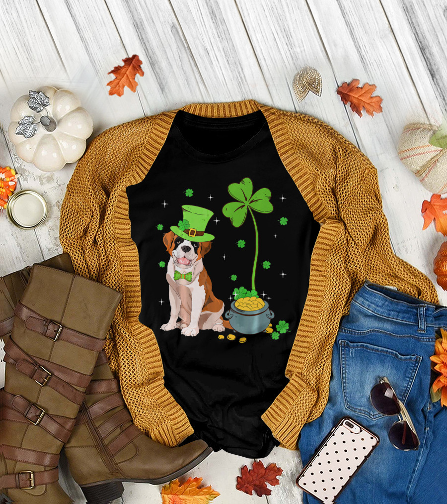Shamrock Leprechaun Saint Bernard St Patrick's Day Dog Pot of Gold T-Shirt