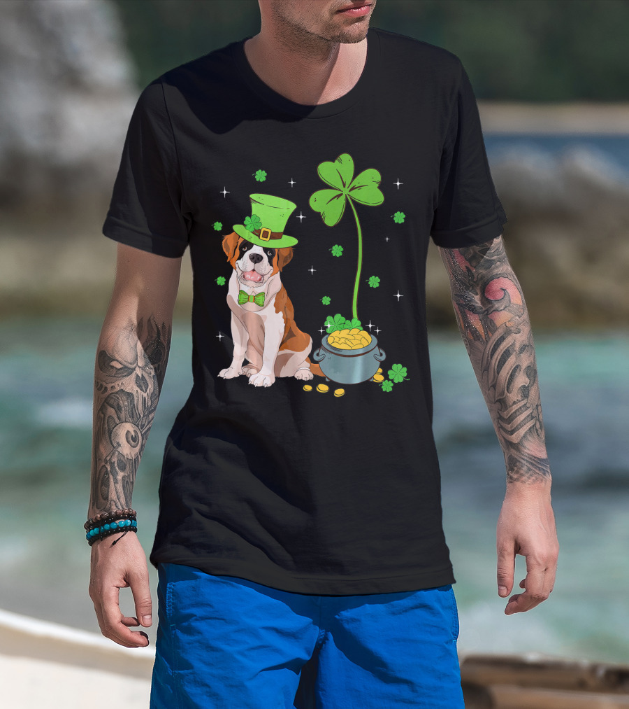 Shamrock Leprechaun Saint Bernard St Patrick's Day Dog Pot Of Gold T-Shirt