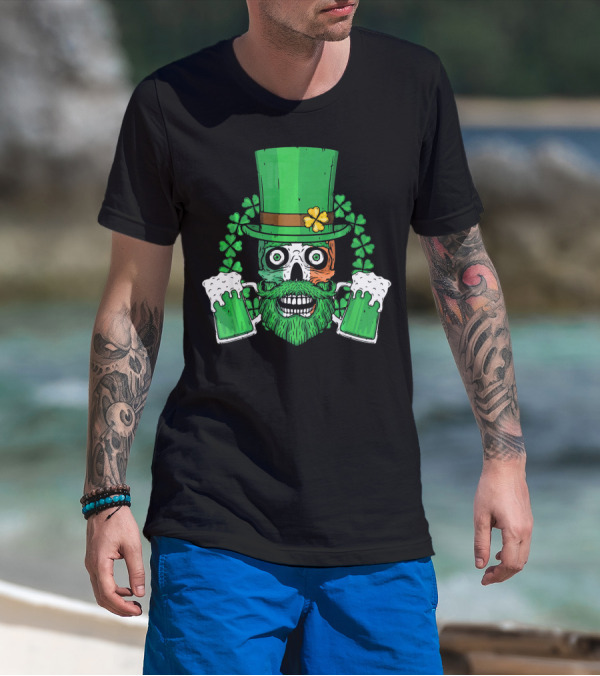 Irish Flag Leprechaun Skull With Shamrock And Beer Mugs T-Shirt
