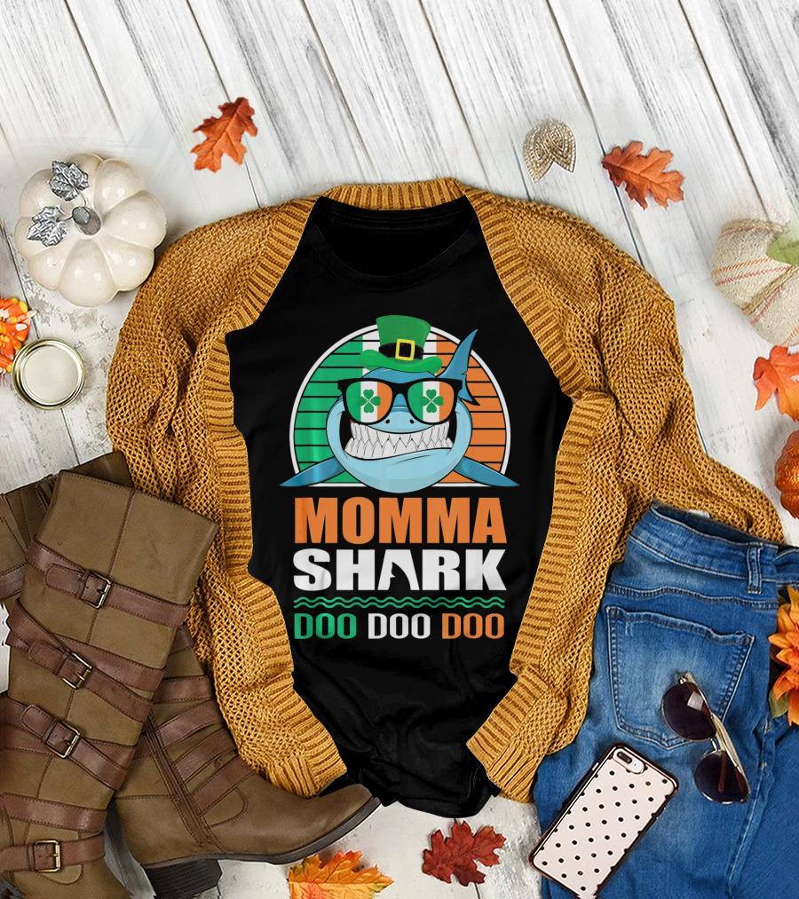 Momma Shark Doo Doo Doo St. Patrick's Day Shamrock Glasses and Hat T-Shirt