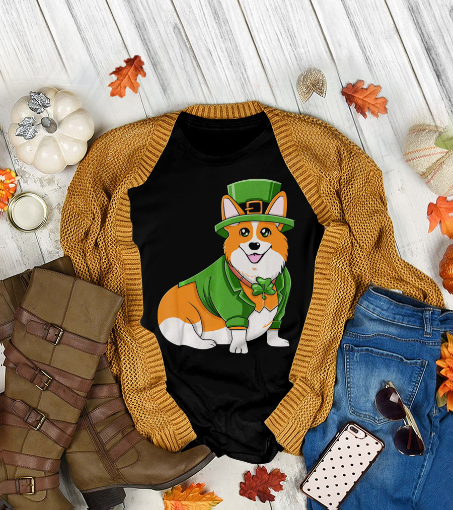 St Patricks Day Corgi Irish Dog in Leprechaun Hat and Green Suit T-Shirt