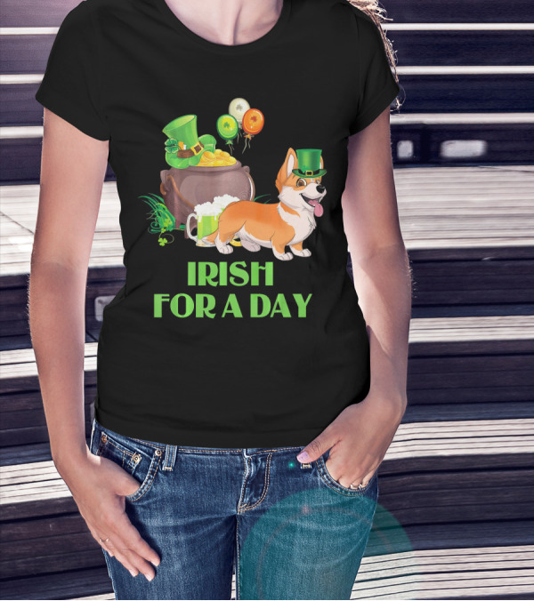 Irish For A Day Welsh Corgi Dog Leprechaun Pot Of Gold Balloons T-Shirt