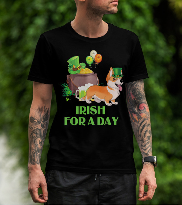 Irish For A Day Welsh Corgi Dog Leprechaun Pot Of Gold Balloons T-Shirt