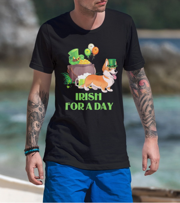Irish For A Day Welsh Corgi Dog Leprechaun Pot Of Gold Balloons T-Shirt