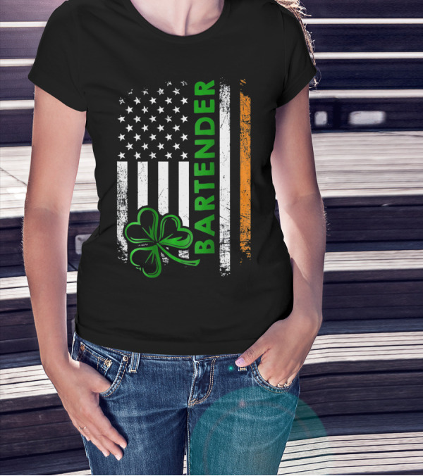 Irish Bartender American Flag Shamrock T-Shirt