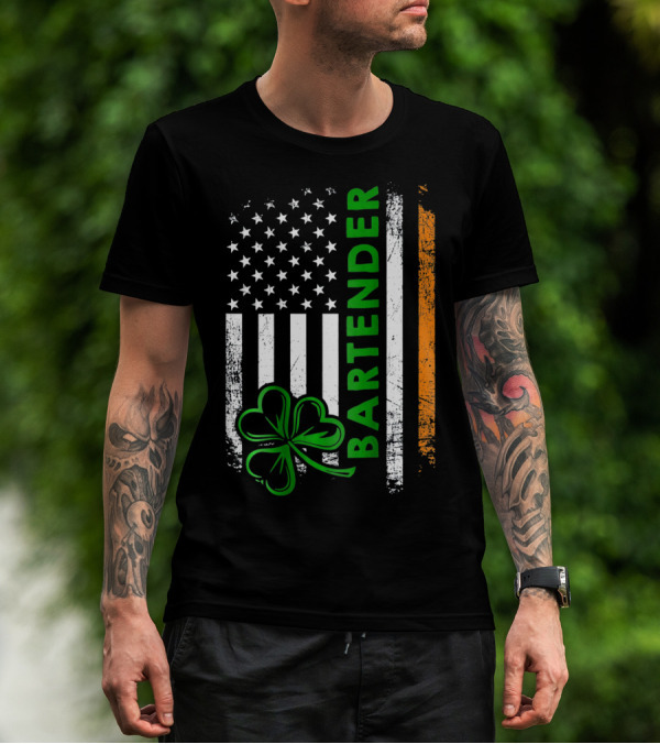 Irish Bartender American Flag Shamrock T-Shirt
