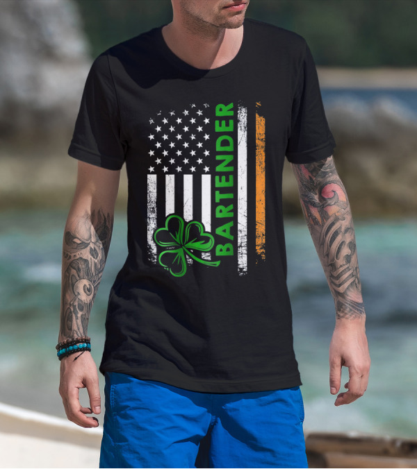 Irish Bartender American Flag Shamrock T-Shirt