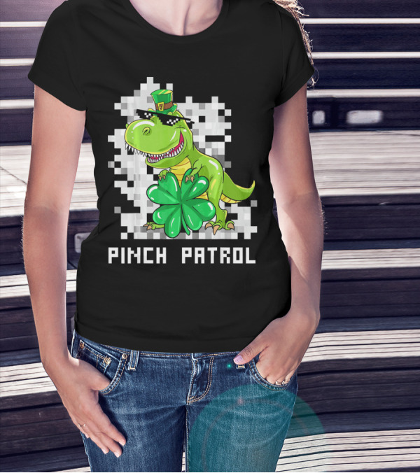St Patrick Day Dinosaur Pinch Patrol Pixelated Clover And Hat T-Shirt