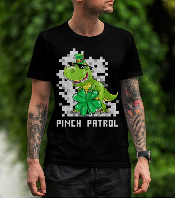 St Patrick Day Dinosaur Pinch Patrol Pixelated Clover And Hat T-Shirt
