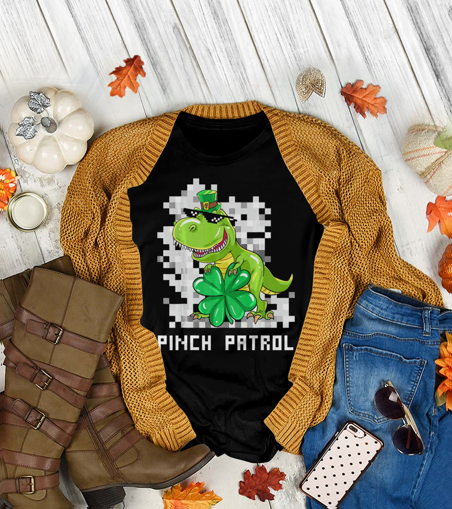 St Patrick Day Dinosaur Pinch Patrol Pixelated Clover and Hat T-Shirt